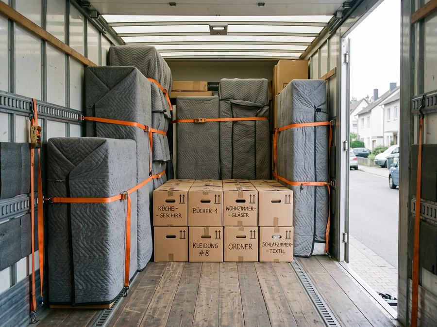 Blick in den Laderaum: in Decken verpackte Möbel, mit orangen Zurrgurten gesichert