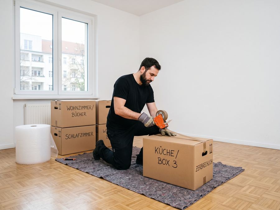 Umzugshelfer verschließt in einer leeren Wohnung einen beschrifteten Umzugskarton