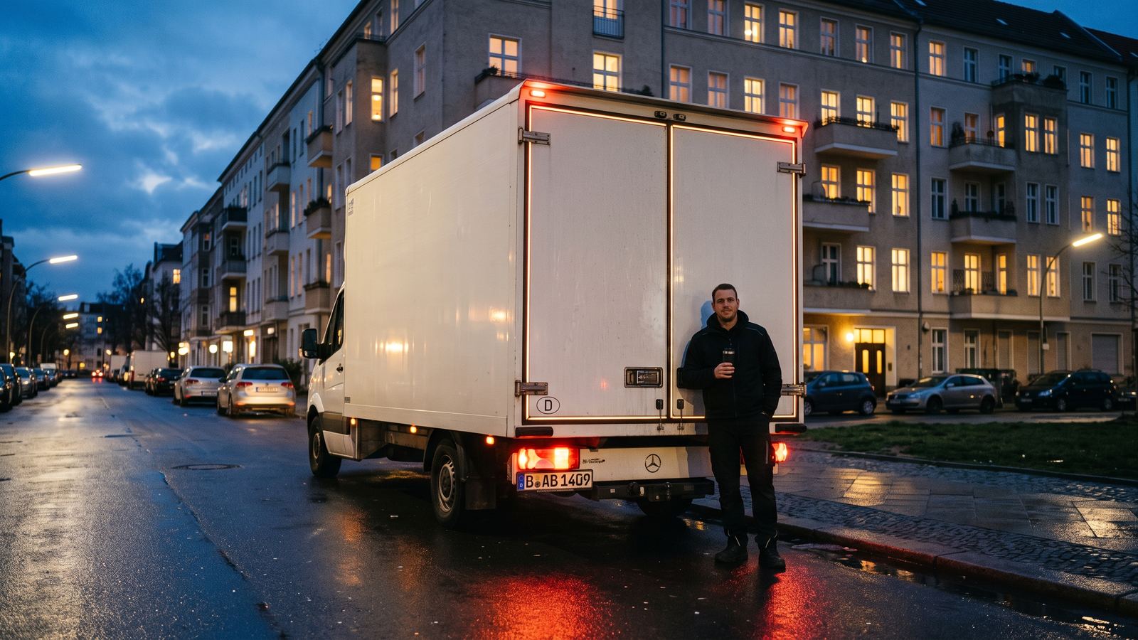 Umzugs-Lkw am Abend vor einem Wohnhaus, der Einsatz ist abgeschlossen